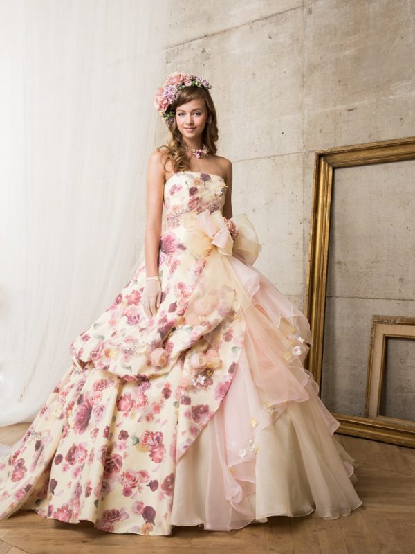 ピンク イエロー優しさに包まれた花柄ドレス ウエディングドレス Jp