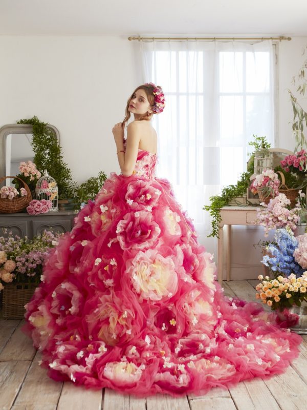 人気チェリーピンクカラードレス ウエディングドレス Jp