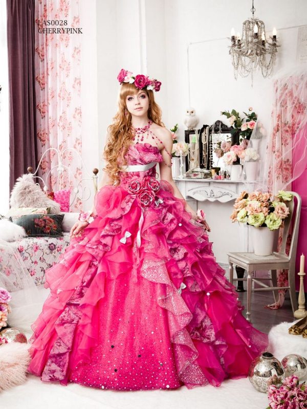 キュートなチェリーピンクの花柄ドレス ウエディングドレス Jp