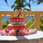 ブライズメイドのワンピースと同じ鮮やかなピンクのマカロンを飾ったケーキに