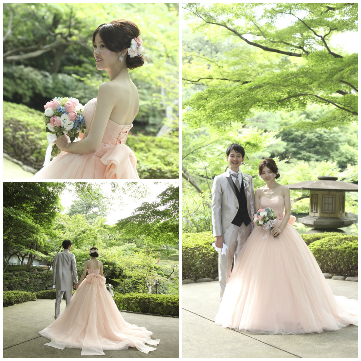 【カラードレス】ふんわりとしたサーモンピンクが花嫁の素肌を美しく映し出す